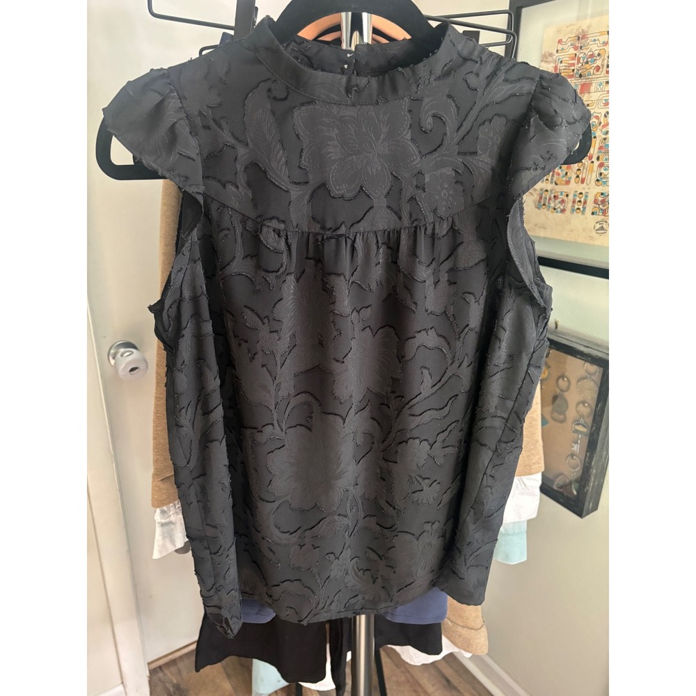 Loft Petites Black Floral Jacquard Mock Neck Ruffle Cap Sleeve Blouse SP
